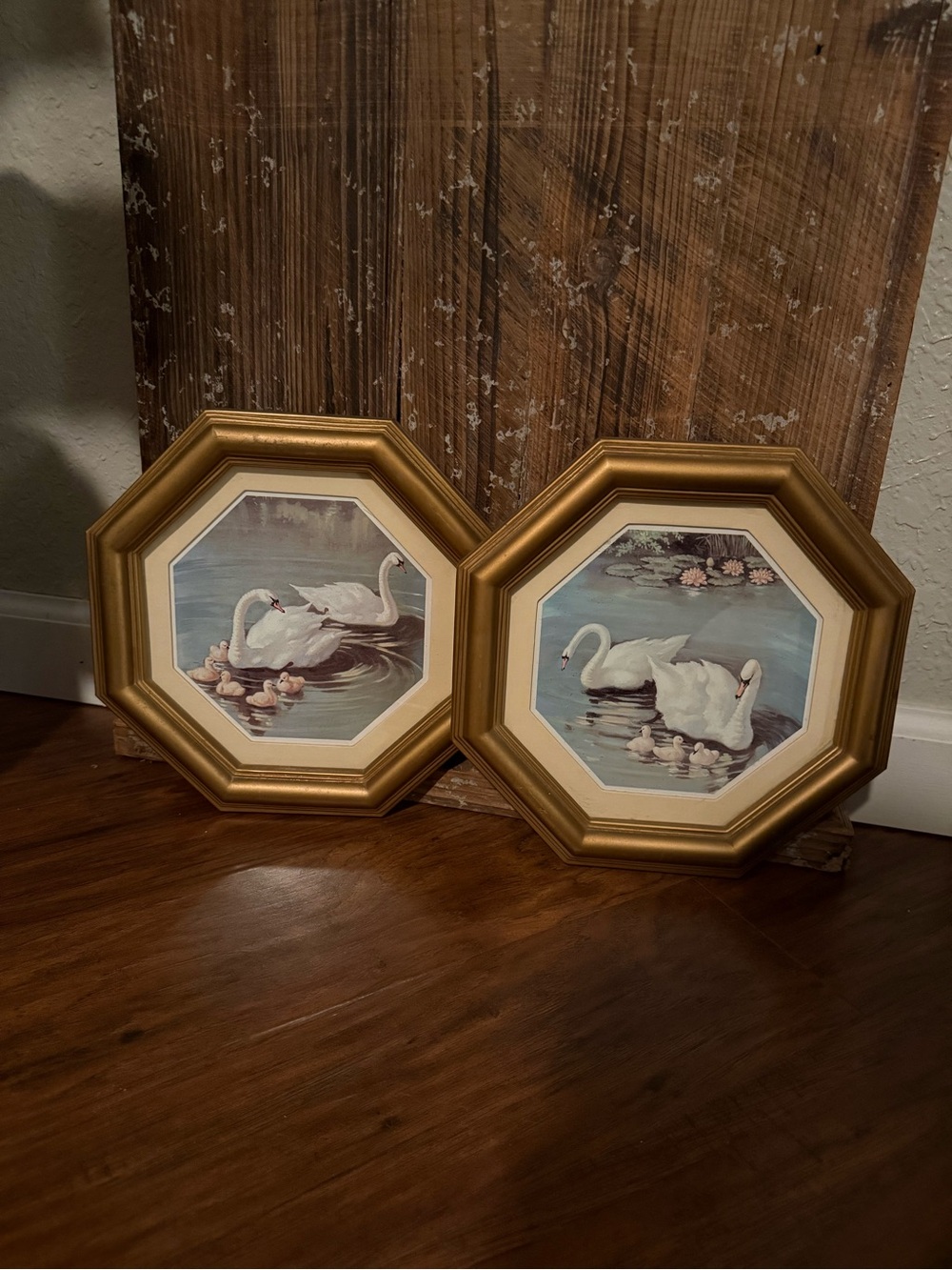 Set of Two Vintage Swan Pictures, Gold Octogon Frames MCM Homco 9.75in